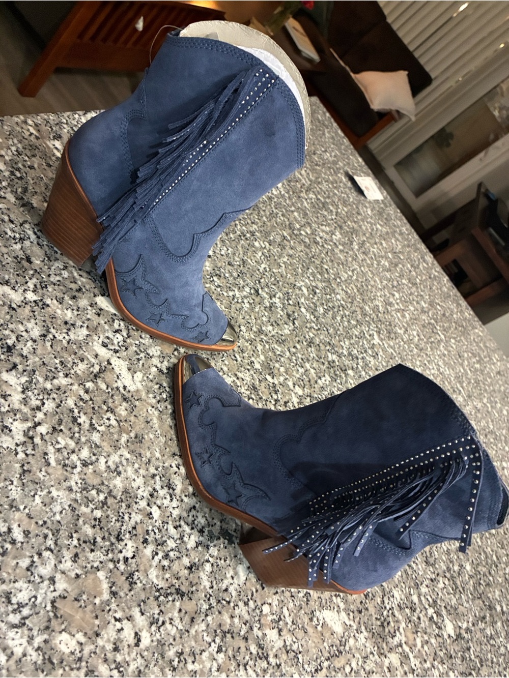 Aldo Navy Suede Fringe Studded Western Boot - Picture 3 of 8
